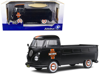 1950 Volkswagen T1 Custom Pickup Truck Matt Black with Orange Stripes "Harley Davidson" with Surfboard Accessory 1/18 Diecast Model Car by Solido