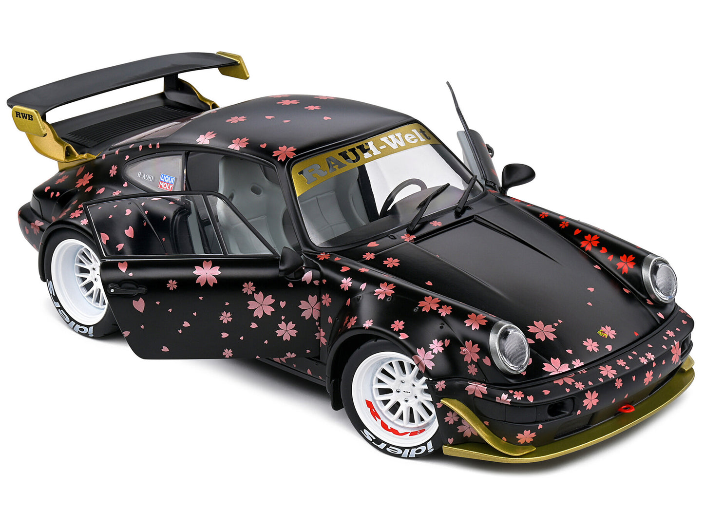 2021 RWB Aoki Matt Black with Cherry Blossom Graphics "Rauh WeltBegriff" 1/18 Diecast Model Car by Solido