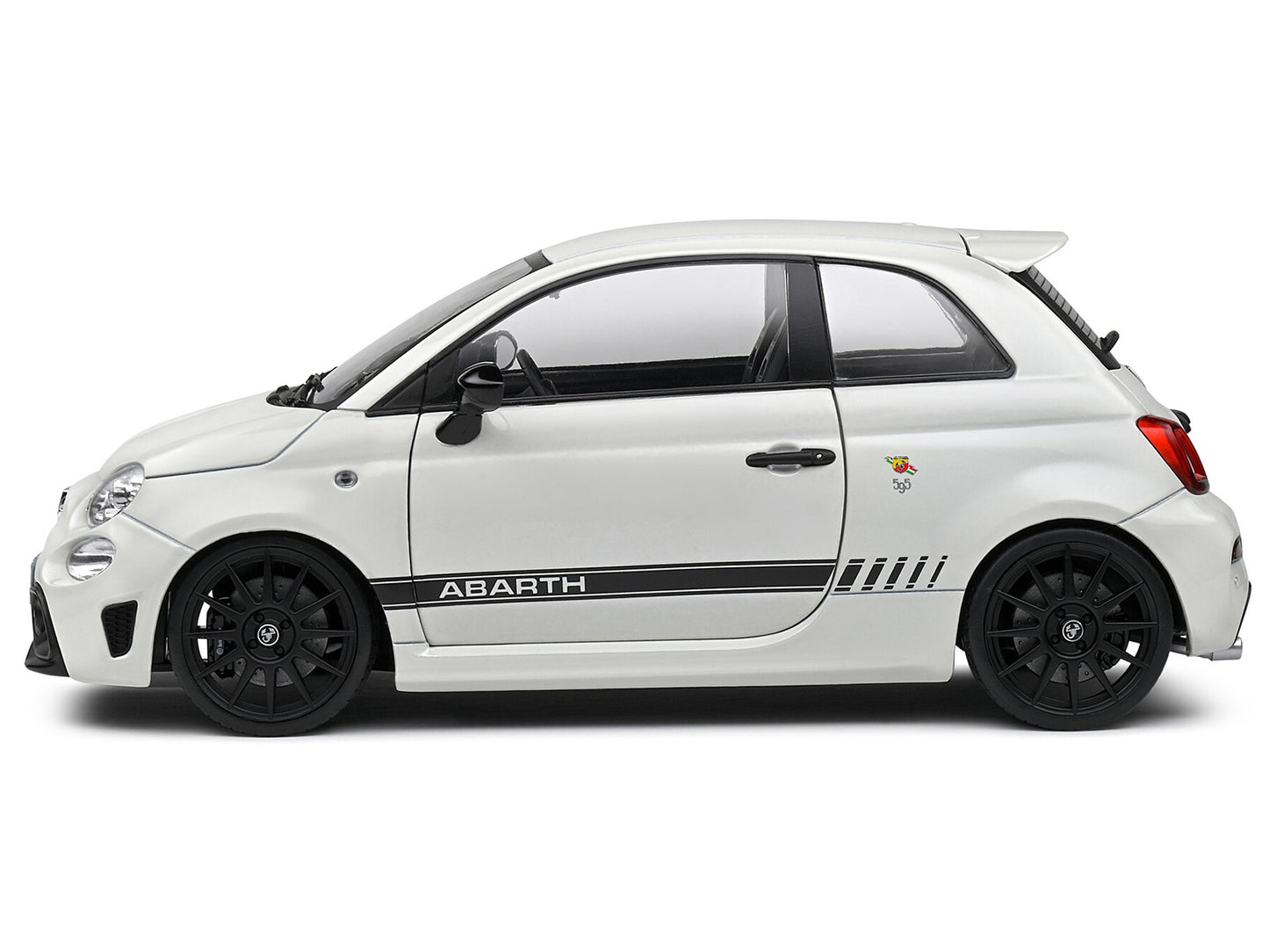 2022 Fiat F595 Abarth Ghiaccio White with Black Stripes 1/18 Diecast Model Car by Solido