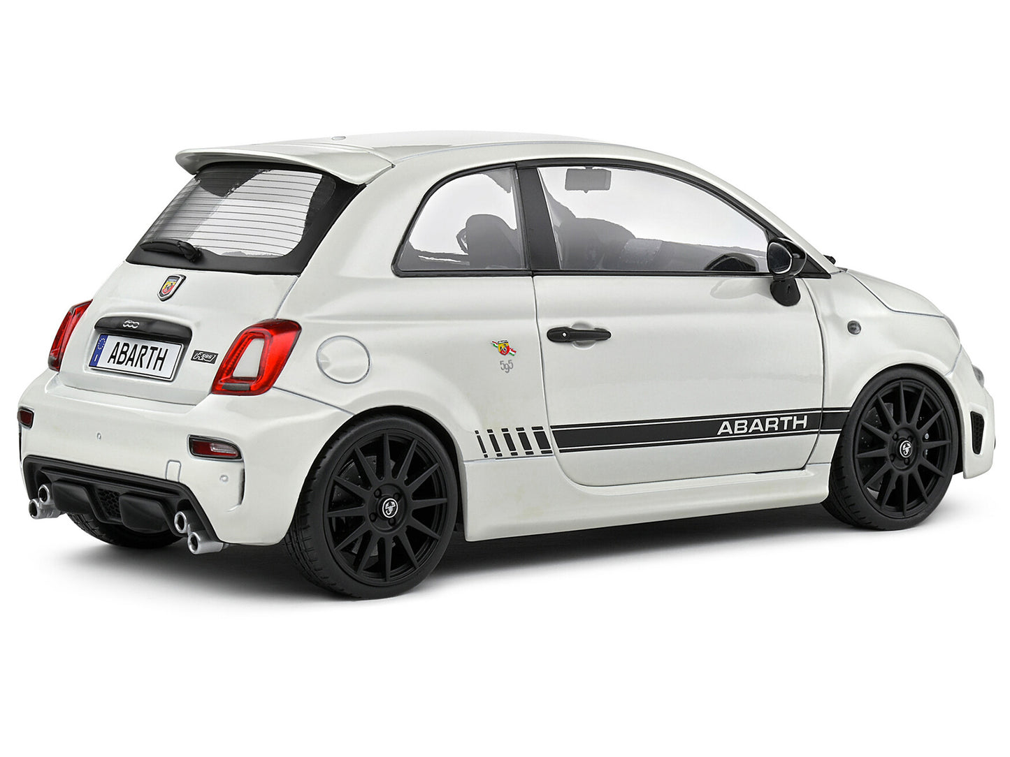 2022 Fiat F595 Abarth Ghiaccio White with Black Stripes 1/18 Diecast Model Car by Solido