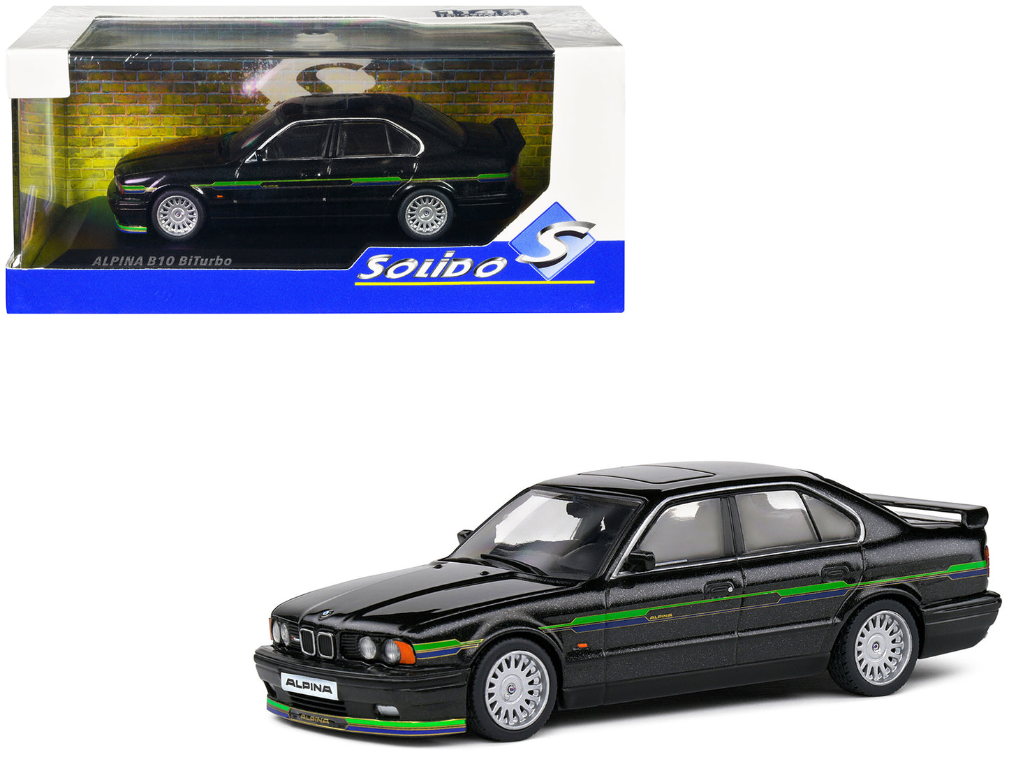 1994 BMW E34 Alpina B10 BiTurbo Black Metallic with Green Graphics 1/43 Diecast Model Car by Solido