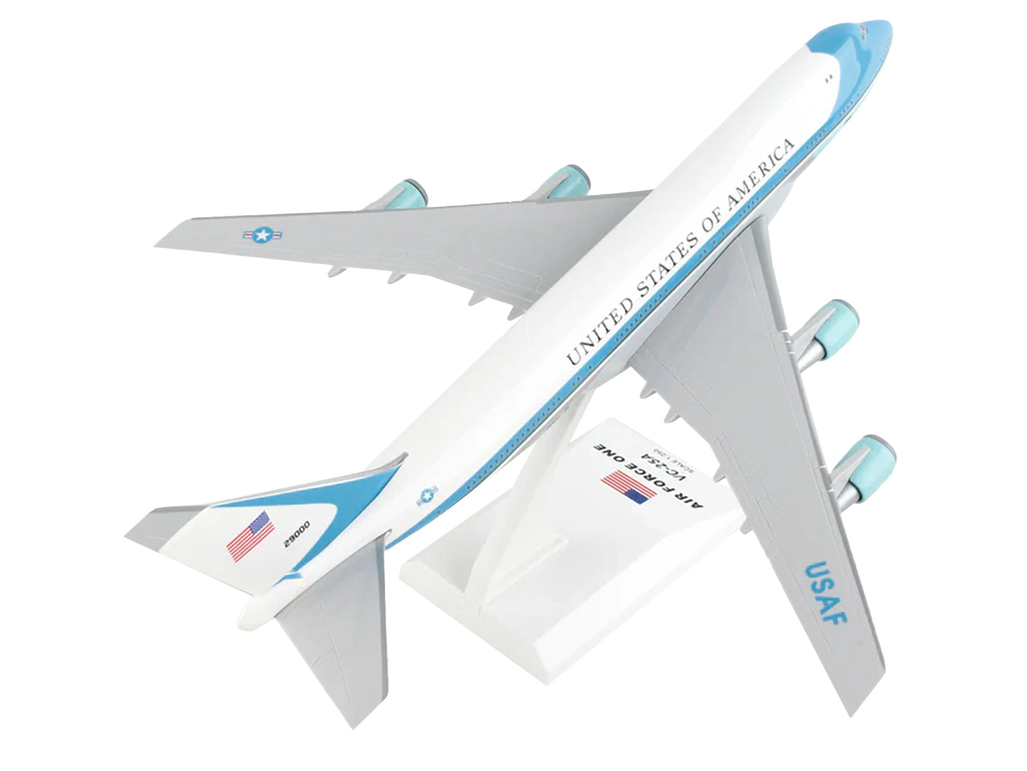 Boeing VC-25A Transport Aircraft "Air Force One - United States of America" (29000) White with Blue Stripes (Snap-Fit) 1/250 Plastic Model by Skymarks