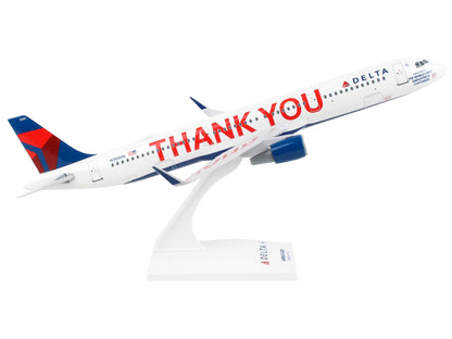 Airbus A321 Commercial Aircraft "Delta Air Lines - Thank You" (N391DN) White with Red and Blue Tail (Snap-Fit) 1/150 Plastic Model by Skymarks