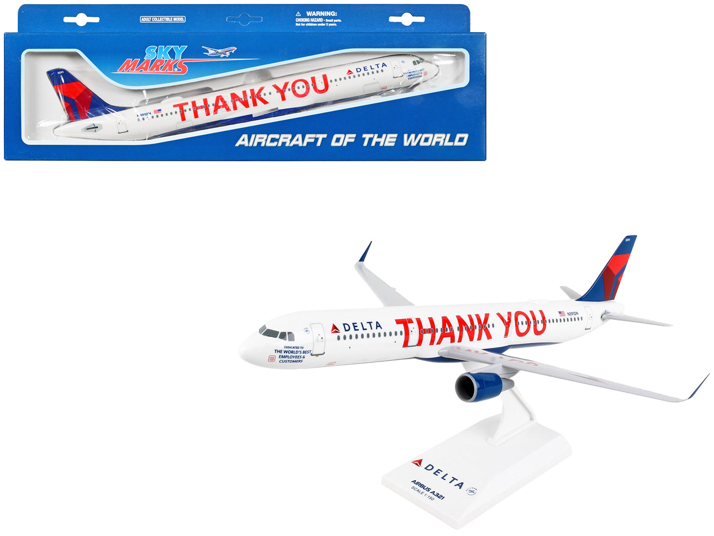 Airbus A321 Commercial Aircraft "Delta Air Lines - Thank You" (N391DN) White with Red and Blue Tail (Snap-Fit) 1/150 Plastic Model by Skymarks