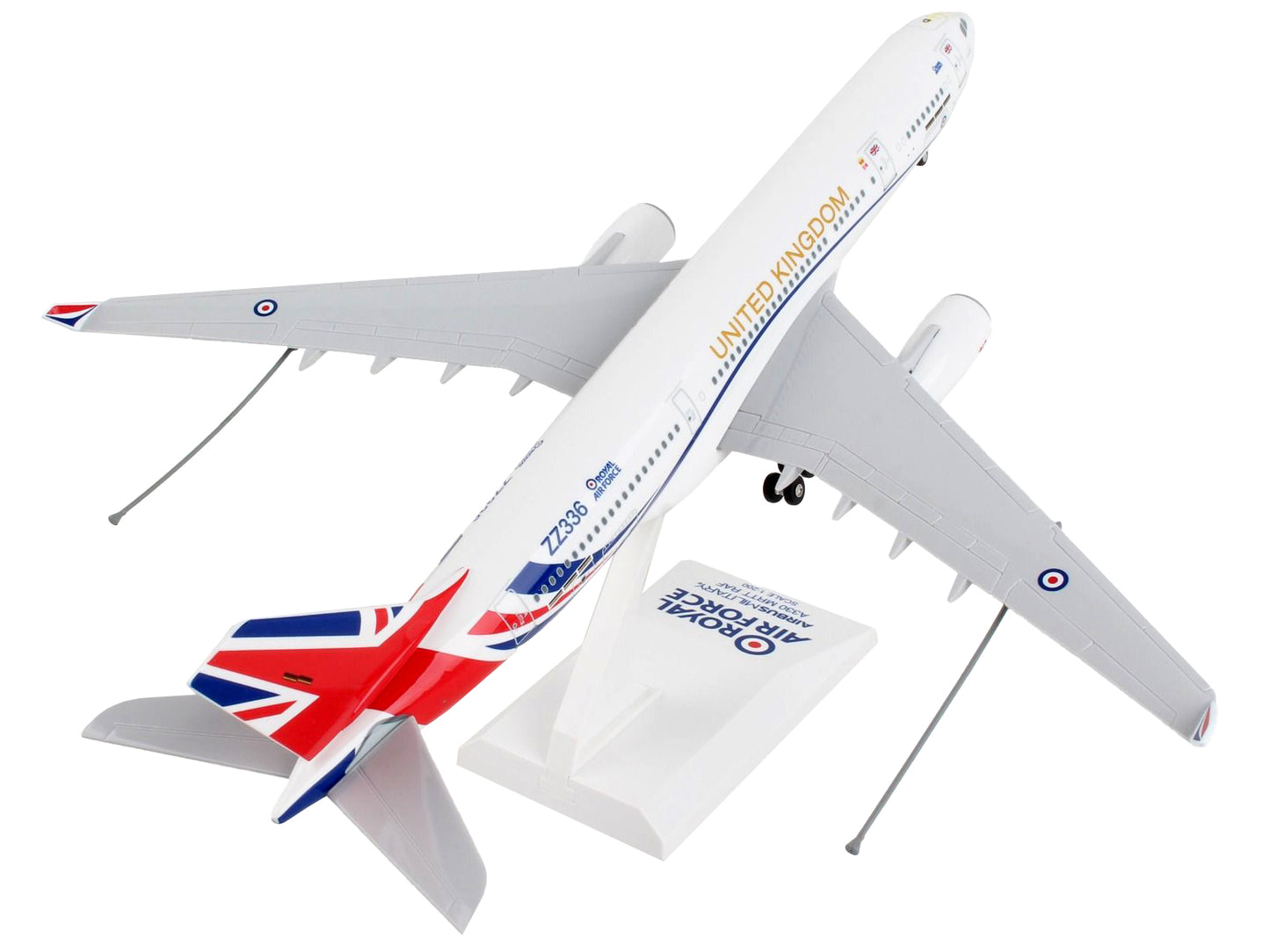 Airbus A330 MRTT Voyager Commercial Aircraft with Landing Gear "United Kingdom Royal Air Force" (ZZ336) White with Red and Blue Stripes (Snap-Fit) 1/200 Plastic Model by Skymarks