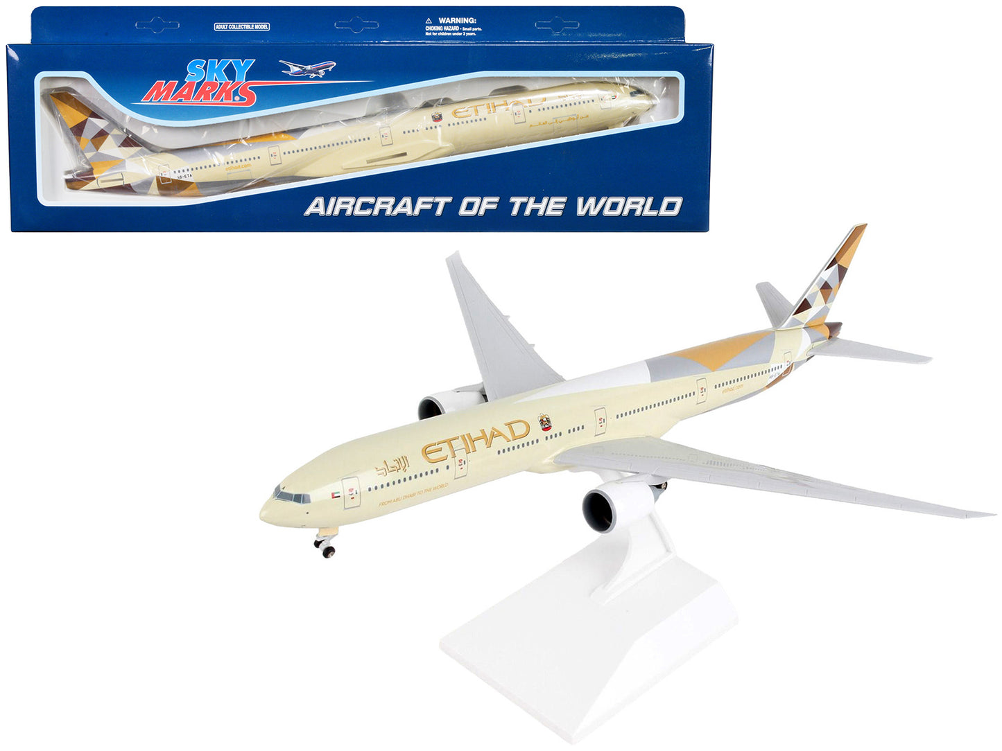 Boeing 777-300ER Commercial Aircraft with Landing Gear "Etihad Airways" (A6-ETA) Beige with Tail Graphics (Snap-Fit) 1/200 Plastic Model by Skymarks