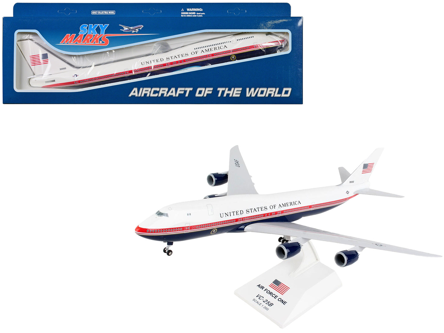 Boeing 747-8i (VC-25B) Commercial Aircraft "Air Force One - United States of America" (30000) White with Red and Blue Stripes (Snap-Fit) 1/200 Plastic Model by Skymarks