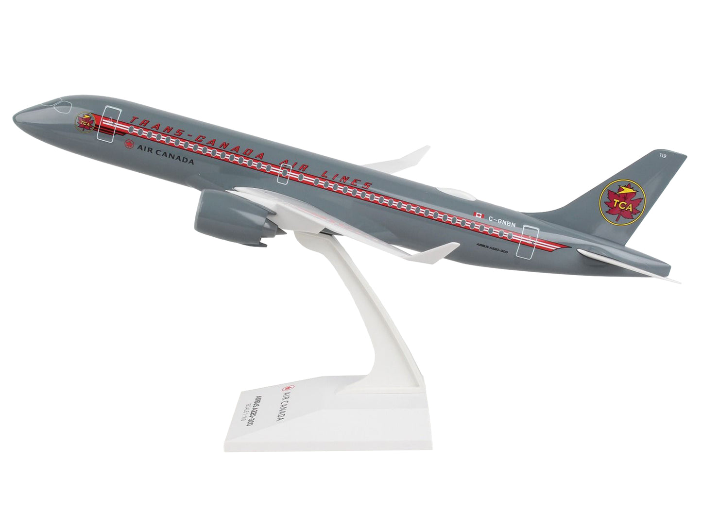 Airbus A220-300 Commercial Aircraft "Trans-Canada Air Lines - Air Canada" (C-GNBN) Gray with Red Stripes (Snap-Fit) 1/100 Plastic Model by Skymarks