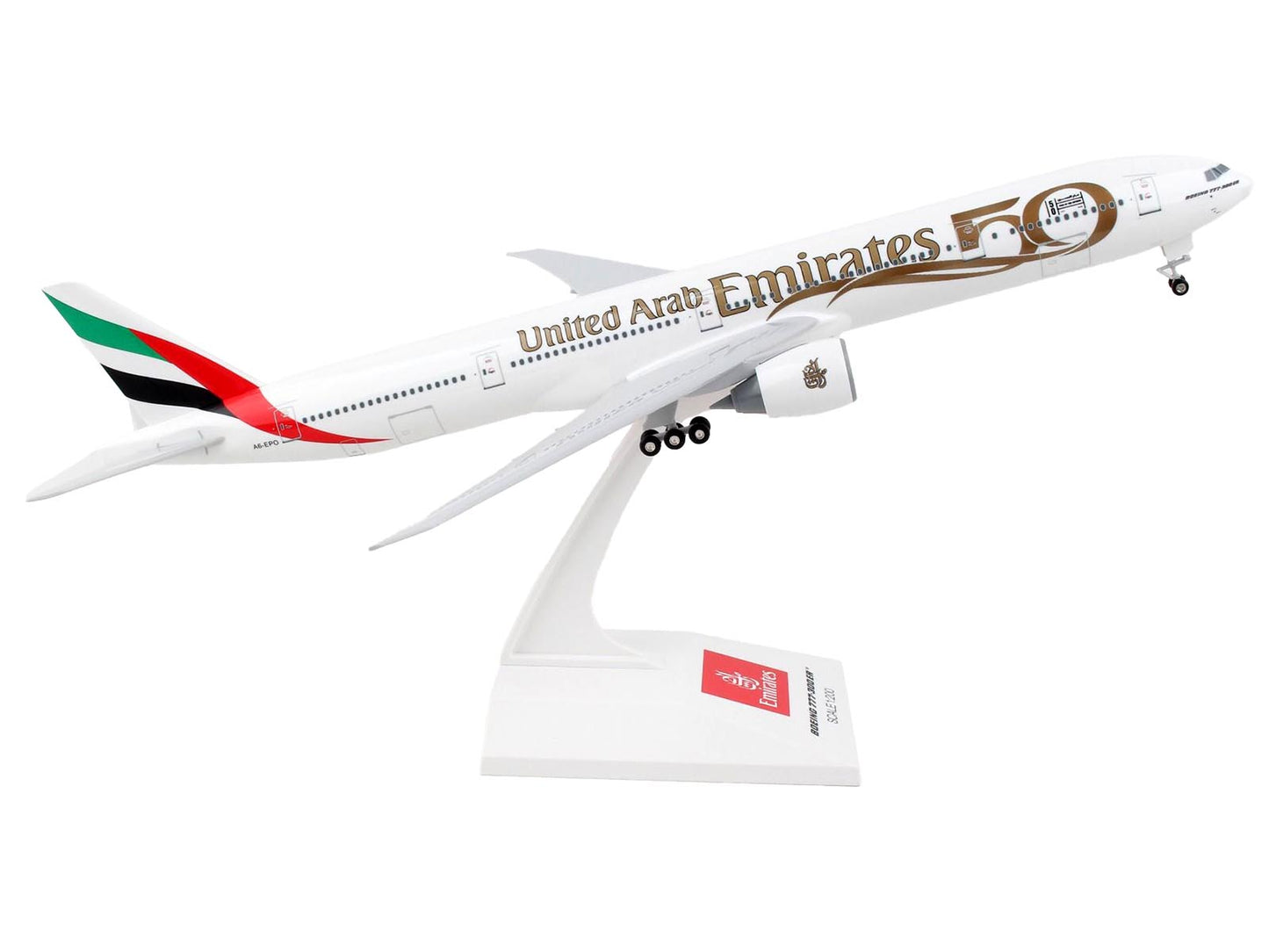 Boeing 777-300ER Commercial Aircraft with Landing Gear "Emirates Airlines - 50th Anniversary" (A6-EPO) White with Tail Graphics (Snap-Fit) 1/200 Plastic Model by Skymarks