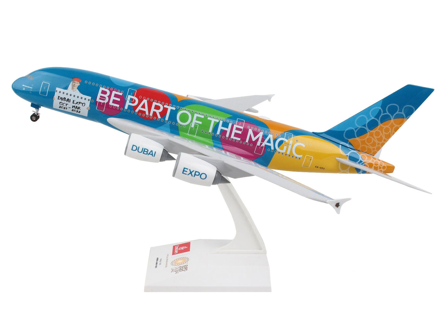 Airbus A380 Commercial Aircraft with Landing Gear "Emirates Airlines - Dubai Expo" (A6-EEU) Blue with Graphics (Snap-Fit) 1/200 Plastic Model by Skymarks