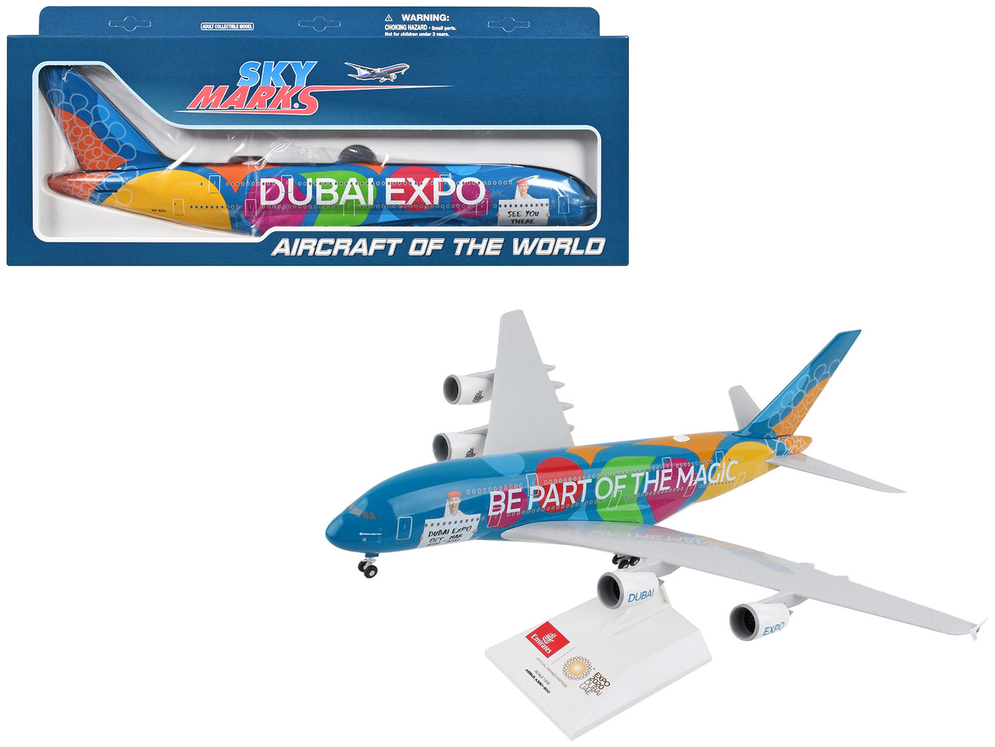 Airbus A380 Commercial Aircraft with Landing Gear "Emirates Airlines - Dubai Expo" (A6-EEU) Blue with Graphics (Snap-Fit) 1/200 Plastic Model by Skymarks