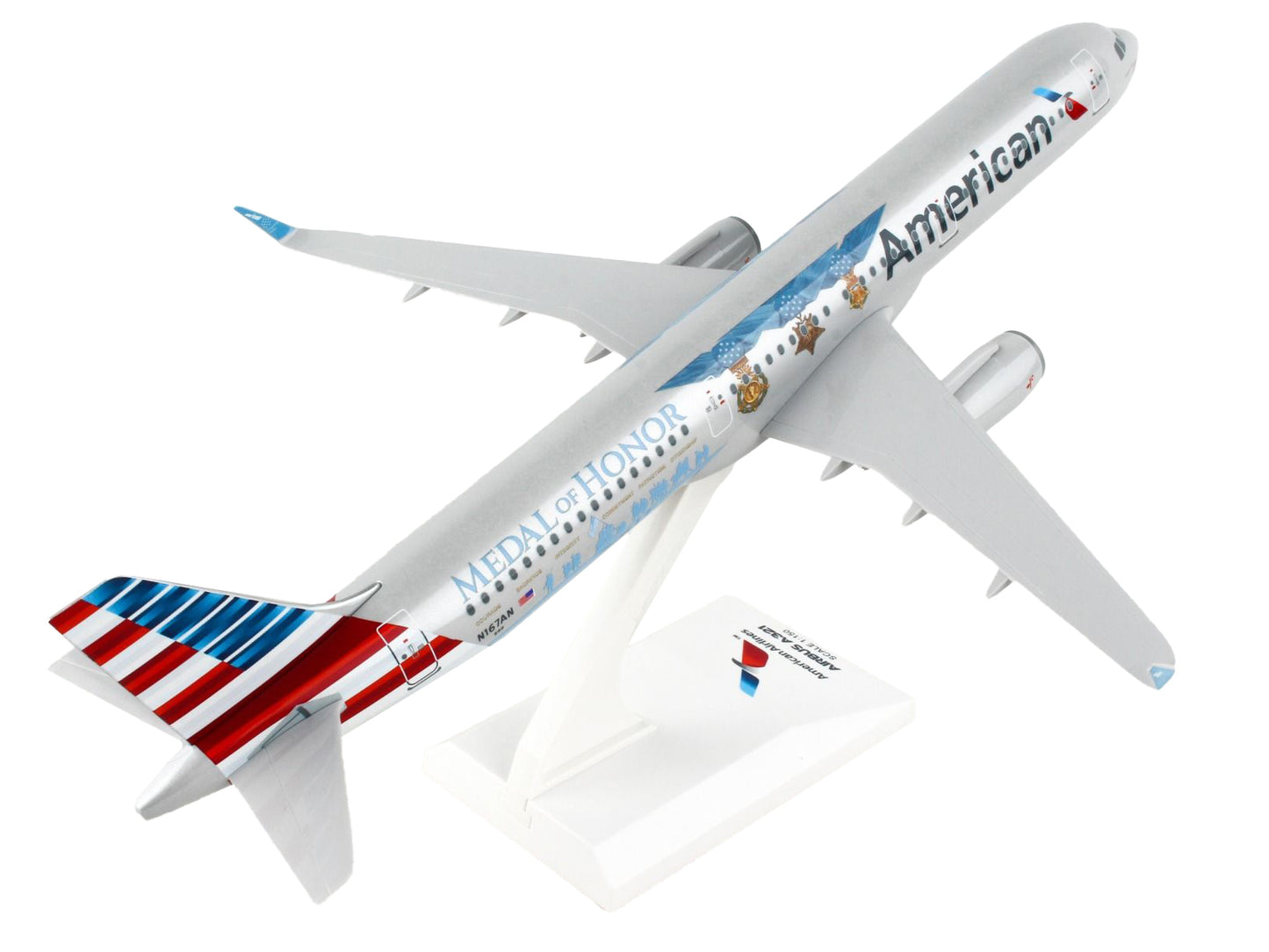 Airbus A321 Commercial Aircraft "American Airlines - Medal of Honor" (N167AN) Gray with Red and Blue Tail (Snap-Fit) 1/150 Plastic Model by Skymarks