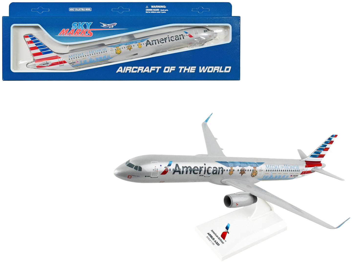 Airbus A321 Commercial Aircraft "American Airlines - Medal of Honor" (N167AN) Gray with Red and Blue Tail (Snap-Fit) 1/150 Plastic Model by Skymarks