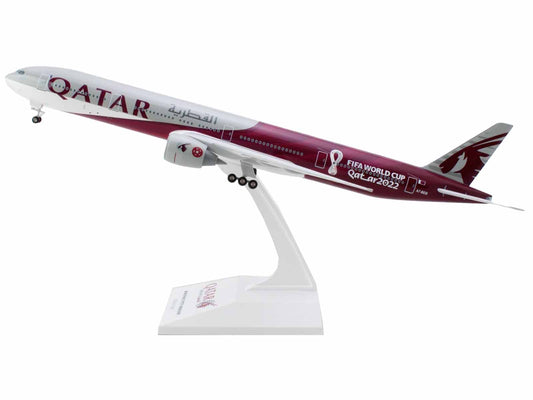 Boeing 777-300 Commercial Aircraft with Landing Gear "Qatar Airways - FIFA World Cup Qatar 2022" Gray and Dark Red (Snap-Fit) 1/200 Plastic Model by Skymarks