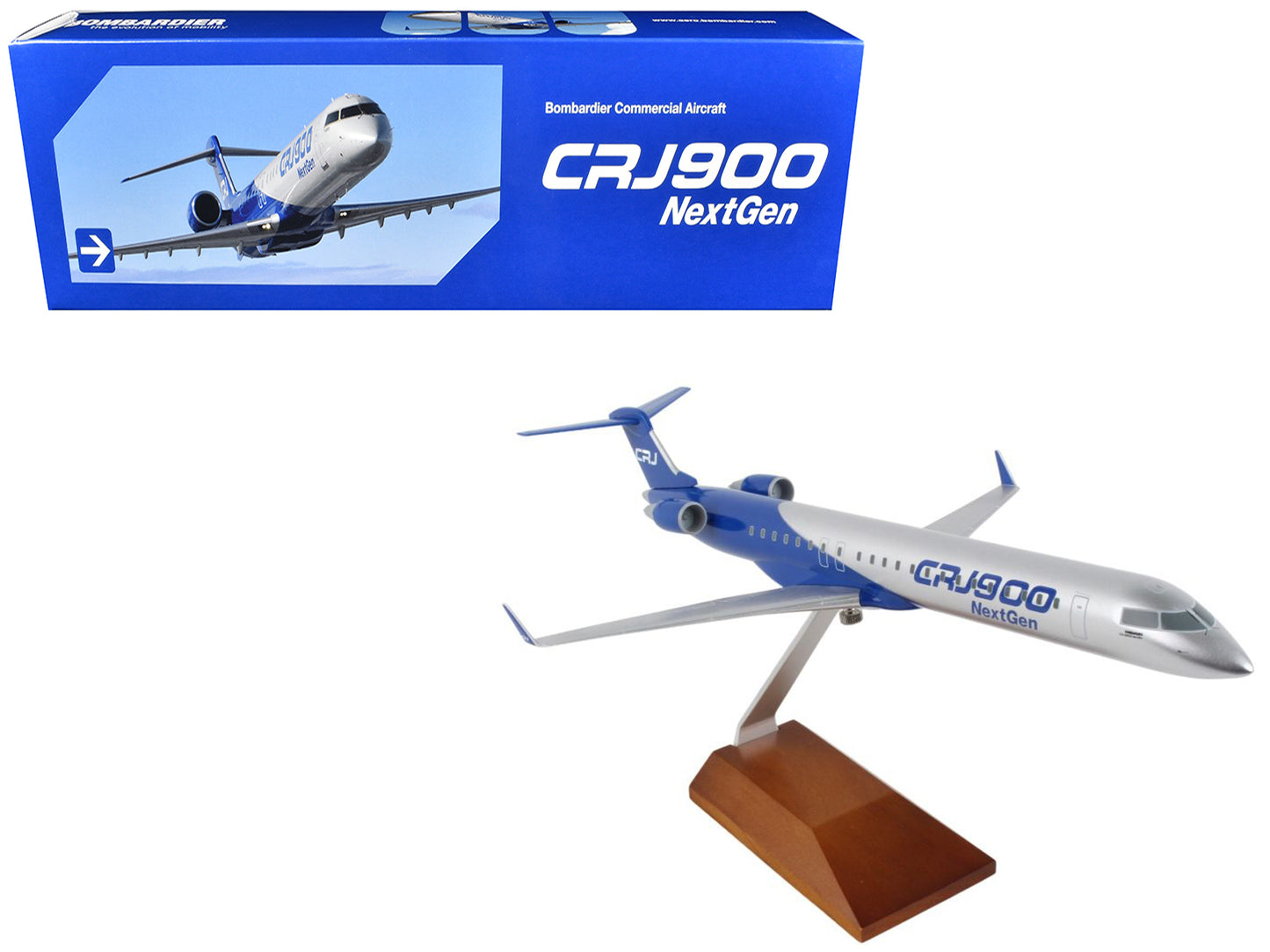 Bombardier CRJ900 Commercial Aircraft "CRJ900 Next Gen" Silver Metallic and Blue with Wood Stand (Snap-Fit) 1/100 Plastic Model by Skymarks