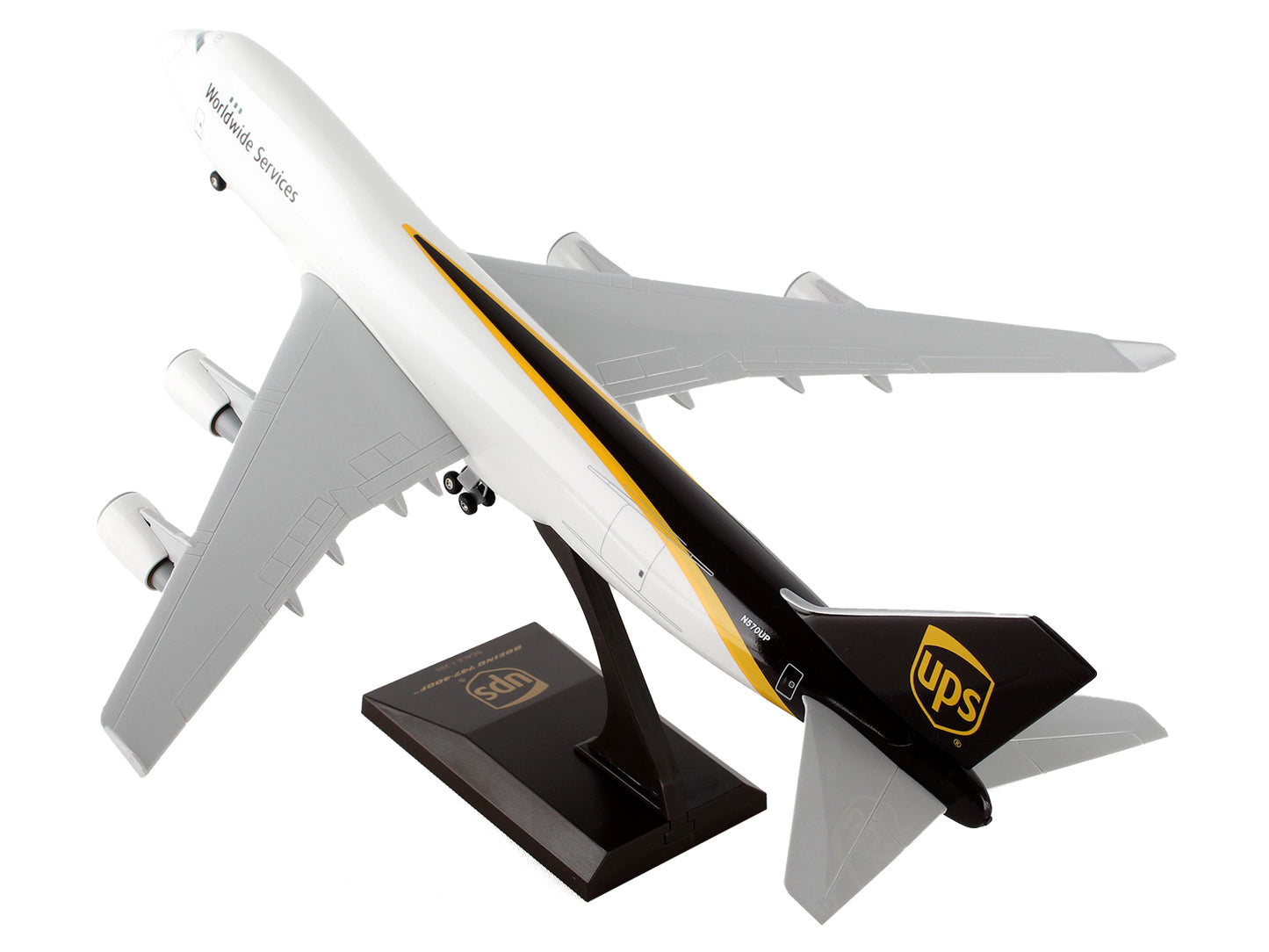 Boeing 747-400F Commercial Aircraft with Landing Gear "UPS Worldwide Services" (N570UP) White and Brown (Snap-Fit) 1/200 Plastic Model by Skymarks