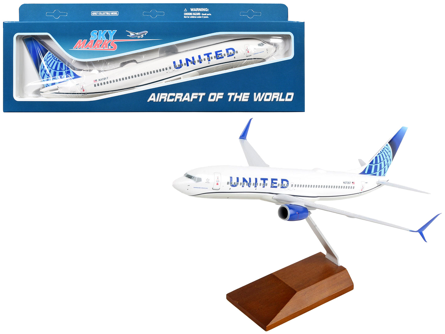 Boeing 737-800 Commercial Aircraft "United Airlines" (N37267) White with Blue Tail and Wood Stand (Snap-Fit) 1/130 Plastic Model by Skymarks