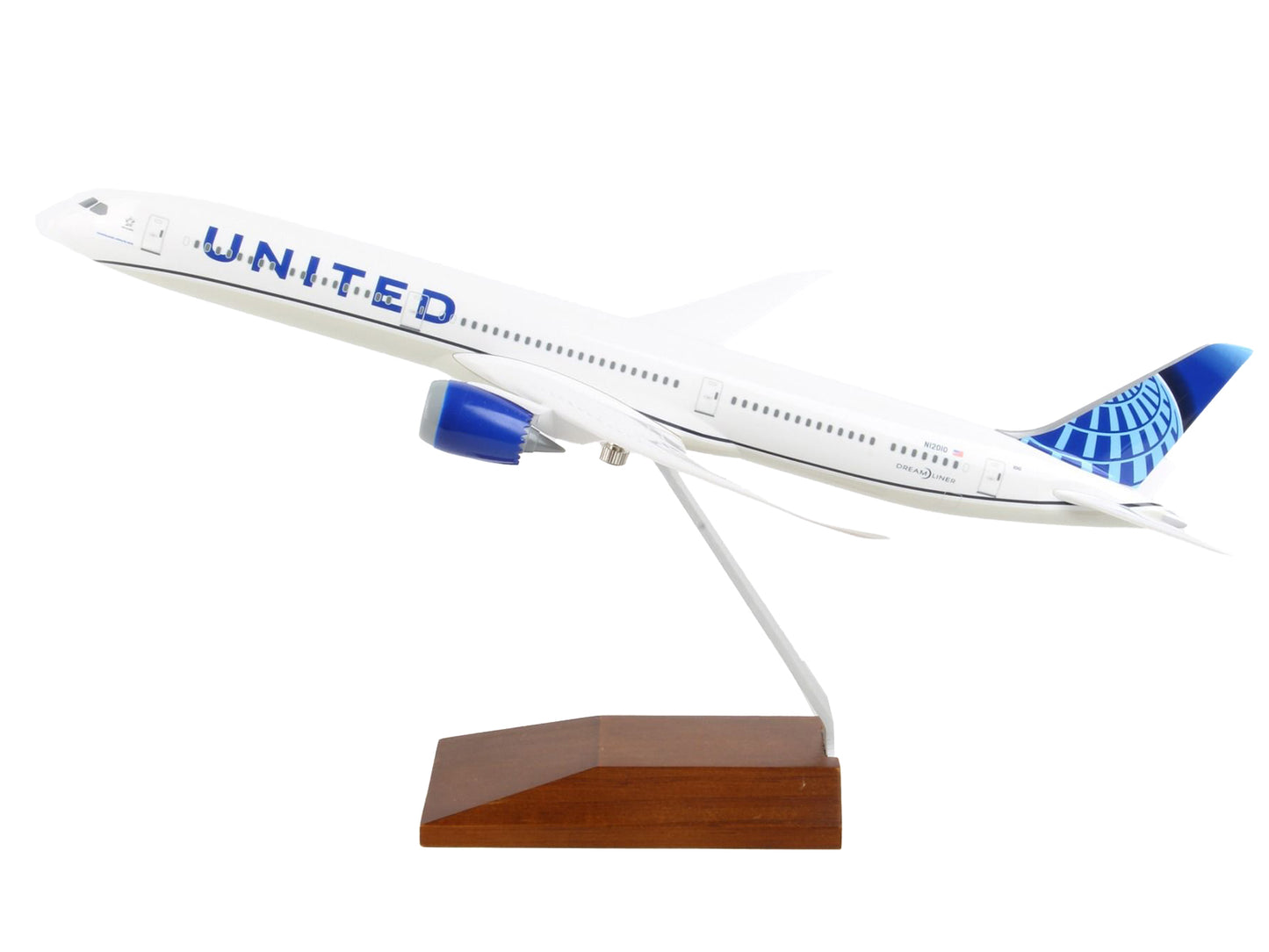 Boeing 787-10 Dreamliner Commercial Aircraft "United Airlines" (N12010) White with Blue Tail and Wood Stand (Snap-Fit) 1/200 Plastic Model by Skymarks