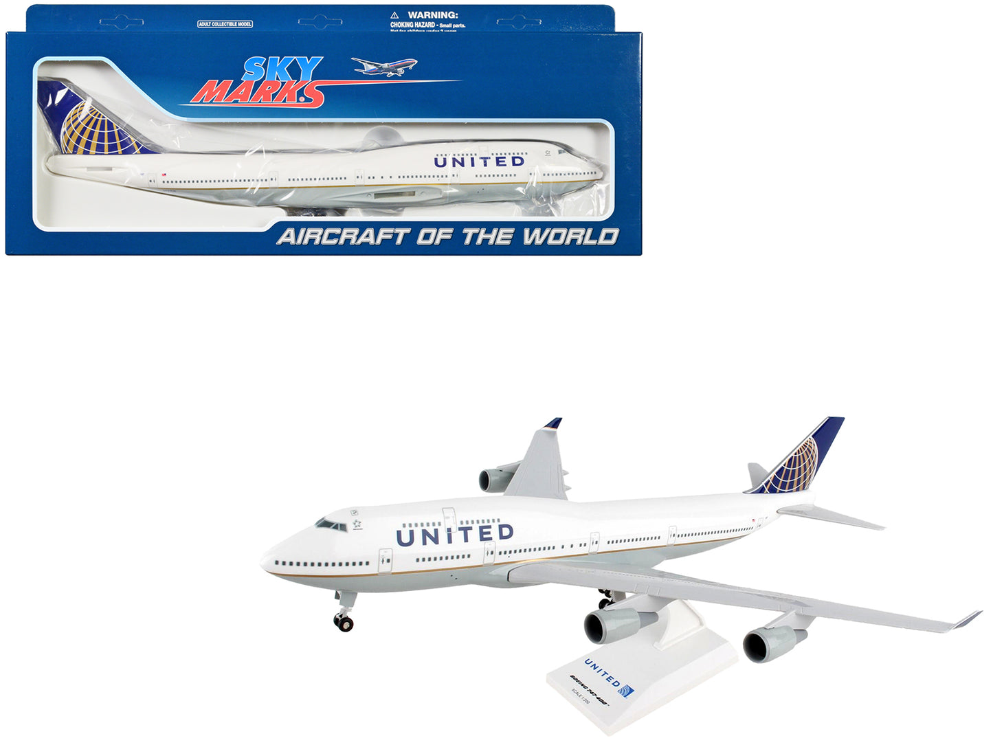 Boeing 747-400 Commercial Aircraft with Landing Gear "United Airlines" (N127UA) White with Blue Tail (Snap-Fit) 1/200 Plastic Model by Skymarks