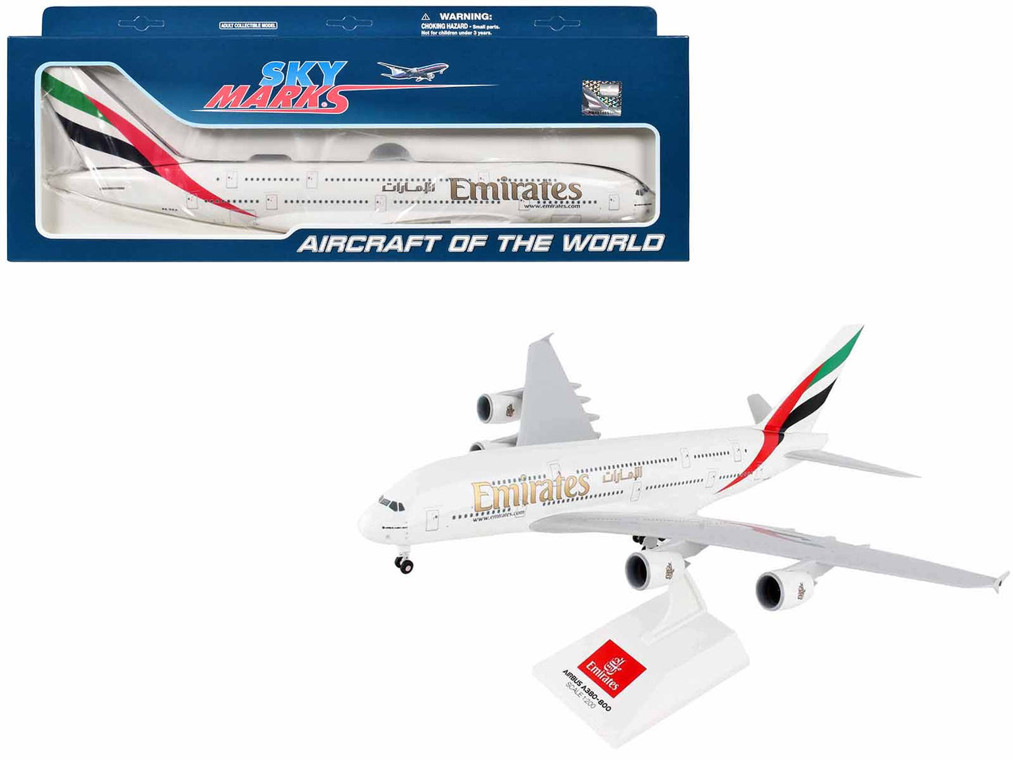 Airbus A380-800 Commercial Aircraft with Landing Gear "Emirates Airlines" (A6-EEA) White with Tail Graphics (Old Livery) (Snap-Fit) 1/200 Plastic Model by Skymarks