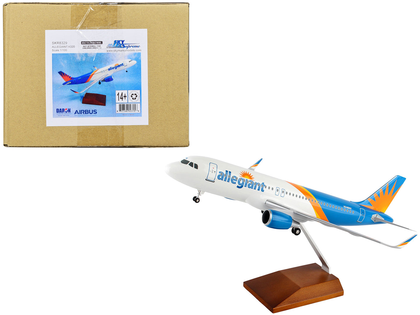 Airbus A320 Commercial Aircraft with Landing Gear "Allegiant Air" (N246NV) White and Blue with Orange Stripes (Snap-Fit) 1/100 Plastic Model by Skymarks