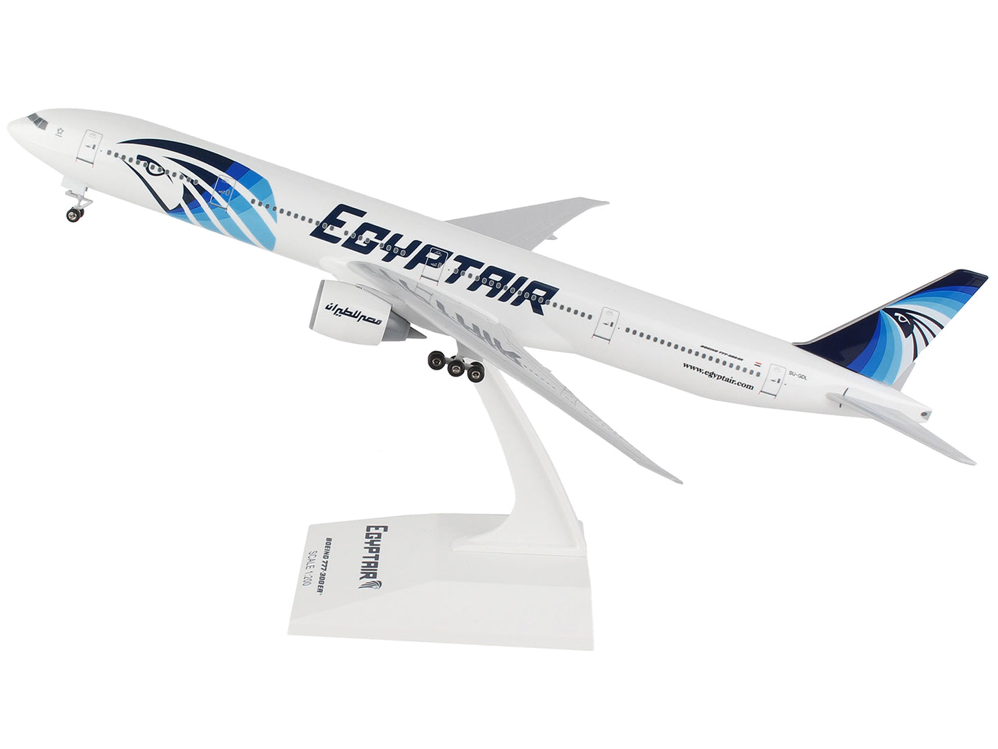 Boeing 777-300 Commercial Aircraft with Landing Gear "EgyptAir" (SU-GDL) White with Blue Tail (Snap-Fit) 1/200 Plastic Model by Skymarks