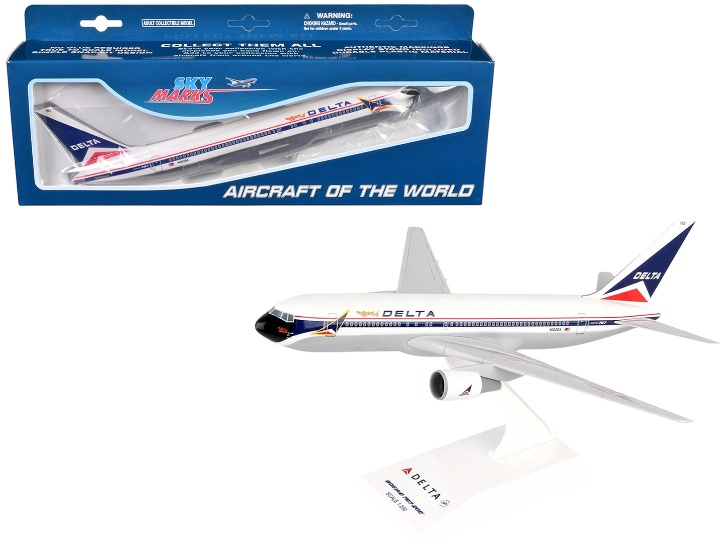 Boeing 767-200 Commercial Aircraft "The Spirit of Delta Airlines" (N170SY) White with Blue and Red Stripes (Snap-Fit) 1/200 Plastic Model by Skymarks