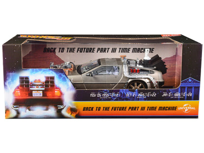 DMC DeLorean Time Machine Stainless Steel "Railroad Version" "Back to the Future: Part III" (1990) Movie 1/18 Diecast Model Car by Sun Star