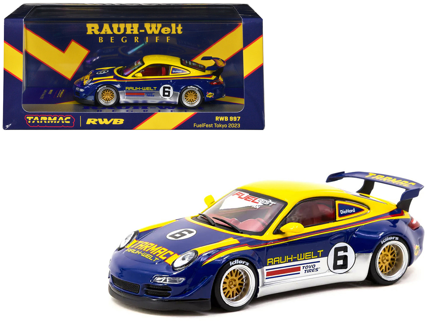 RWB 997 #6 Blue Metallic and Yellow with Graphics "FuelFest Tokyo 2023" "Hobby43" Series 1/43 Diecast Model Car by Tarmac Works