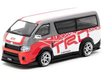 Toyota Hiace Widebody Van RHD (Right Hand Drive) "TRD" Gray and White with Red Graphics "Hobby64" Series 1/64 Diecast Model Car by Tarmac Works