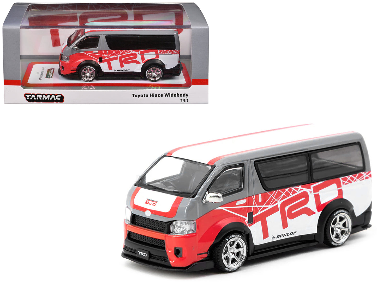 Toyota Hiace Widebody Van RHD (Right Hand Drive) "TRD" Gray and White with Red Graphics "Hobby64" Series 1/64 Diecast Model Car by Tarmac Works