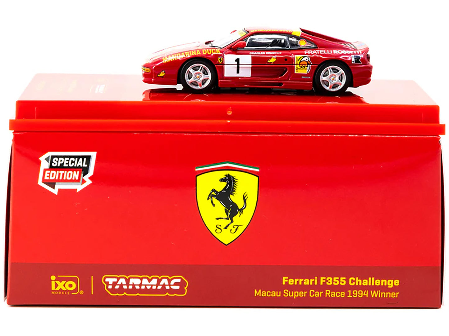 Ferrari F355 Challenge RHD (Right Hand Drive) #1 Charles Kwan Winner "Macau Super Car Race" (1994) "Hobby64" Series 1/64 Diecast Model Car by Tarmac Works