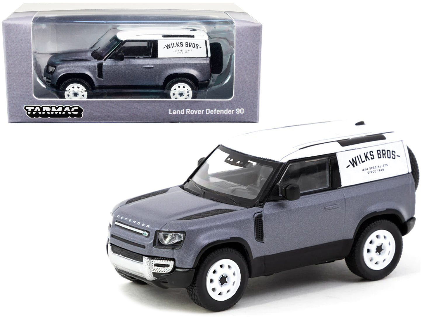 Land Rover Defender 90 Matt Blue Gray Metallic with White Top "Wilks Bros" "Global64" Series 1/64 Diecast Model Car by Tarmac Works