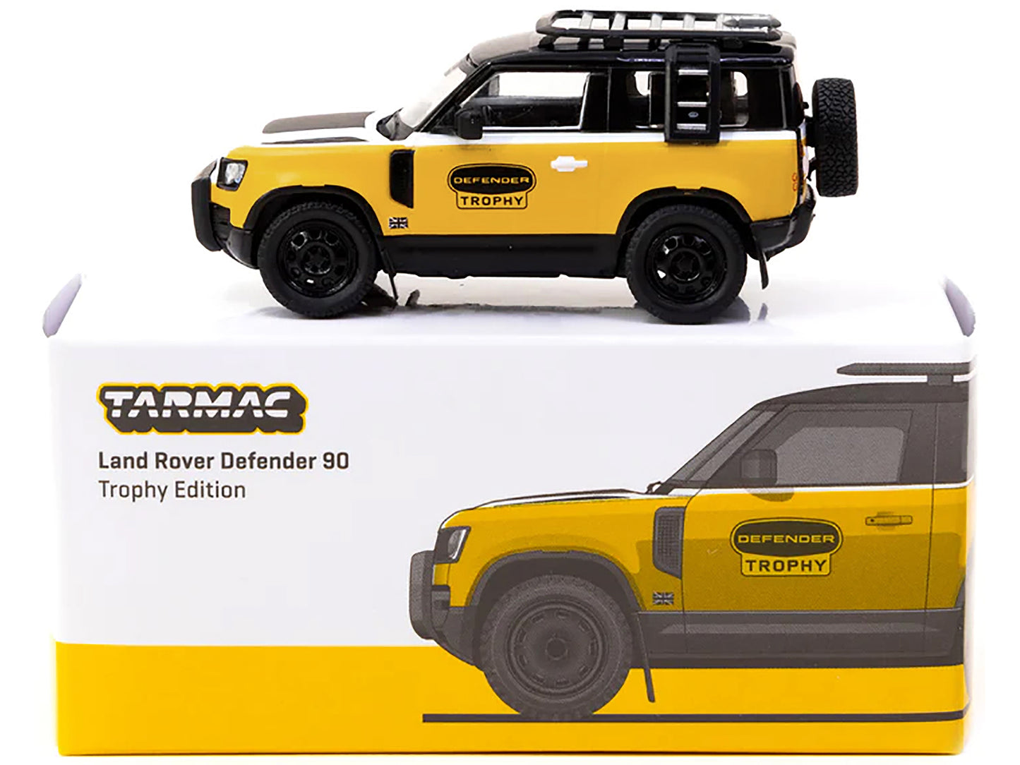 Land Rover Defender 90 "Trophy Edition" Yellow and White with Black Top and Roof Rack "Global64" Series 1/64 Diecast Model by Tarmac Works