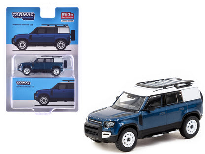 Land Rover Defender 110 Blue Metallic with White Top and Roof Rack "Global64" Series 1/64 Diecast Model by Tarmac Works