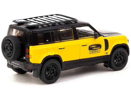 Land Rover Defender 110 "Trophy Edition" Yellow with Black Hood and Top and Roofrack "Global64" Series 1/64 Diecast Model by Tarmac Works