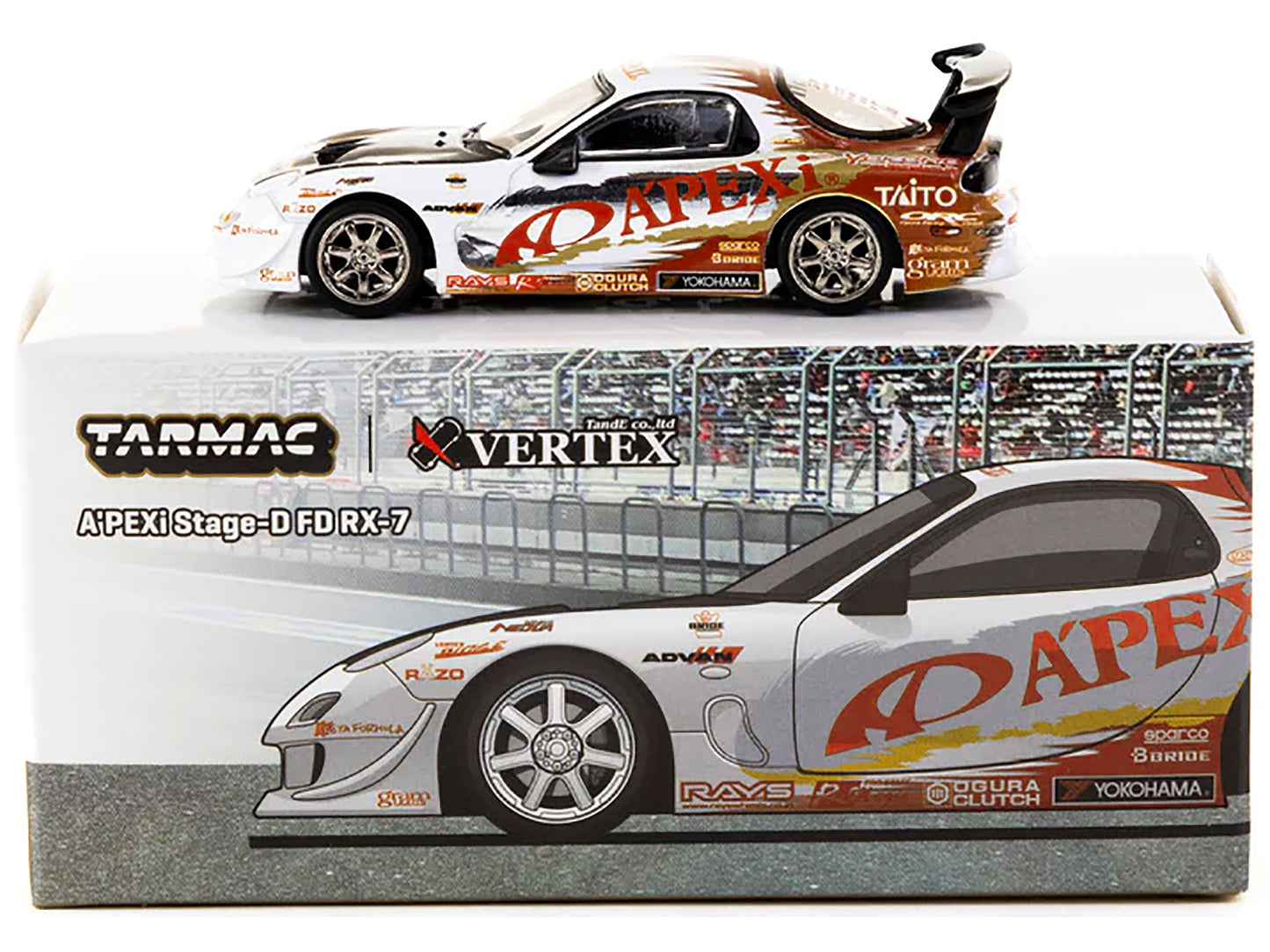 Mazda RX-7 FD Stage-D "A'PEXi" RHD (Right Hand Drive) White with Graphics "Global64" Series 1/64 Diecast Model by Tarmac Works