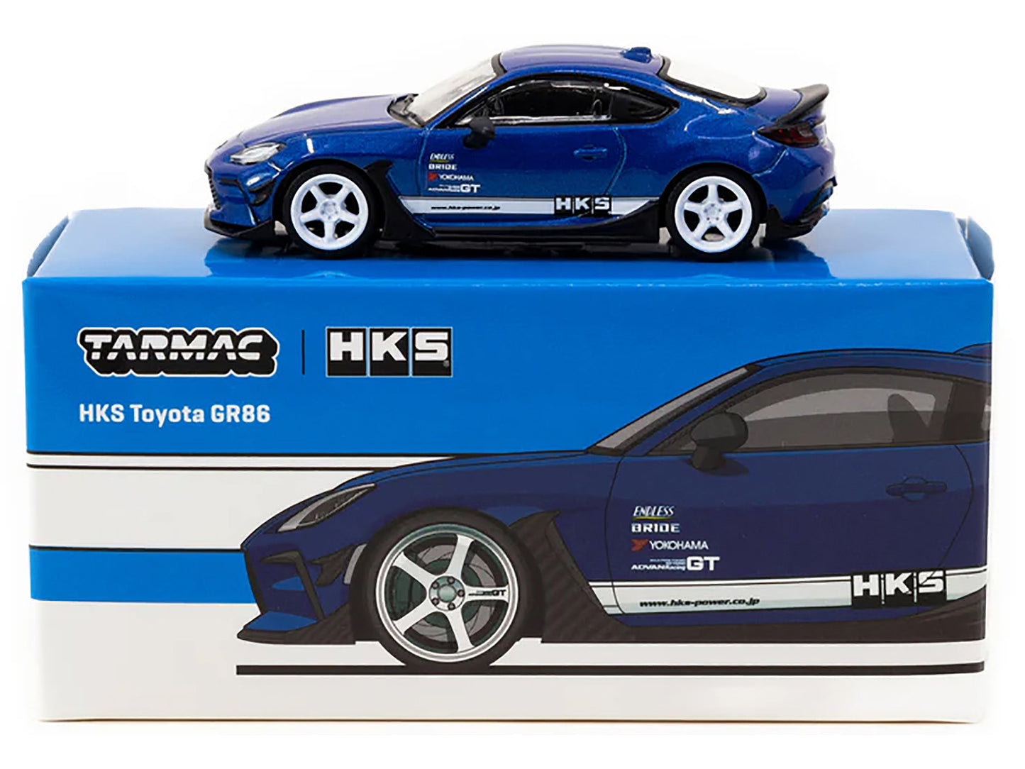 Toyota GR86 RHD (Right Hand Drive) "HKS" Blue Metallic with White Stripes "Global64" Series 1/64 Diecast Model by Tarmac Works