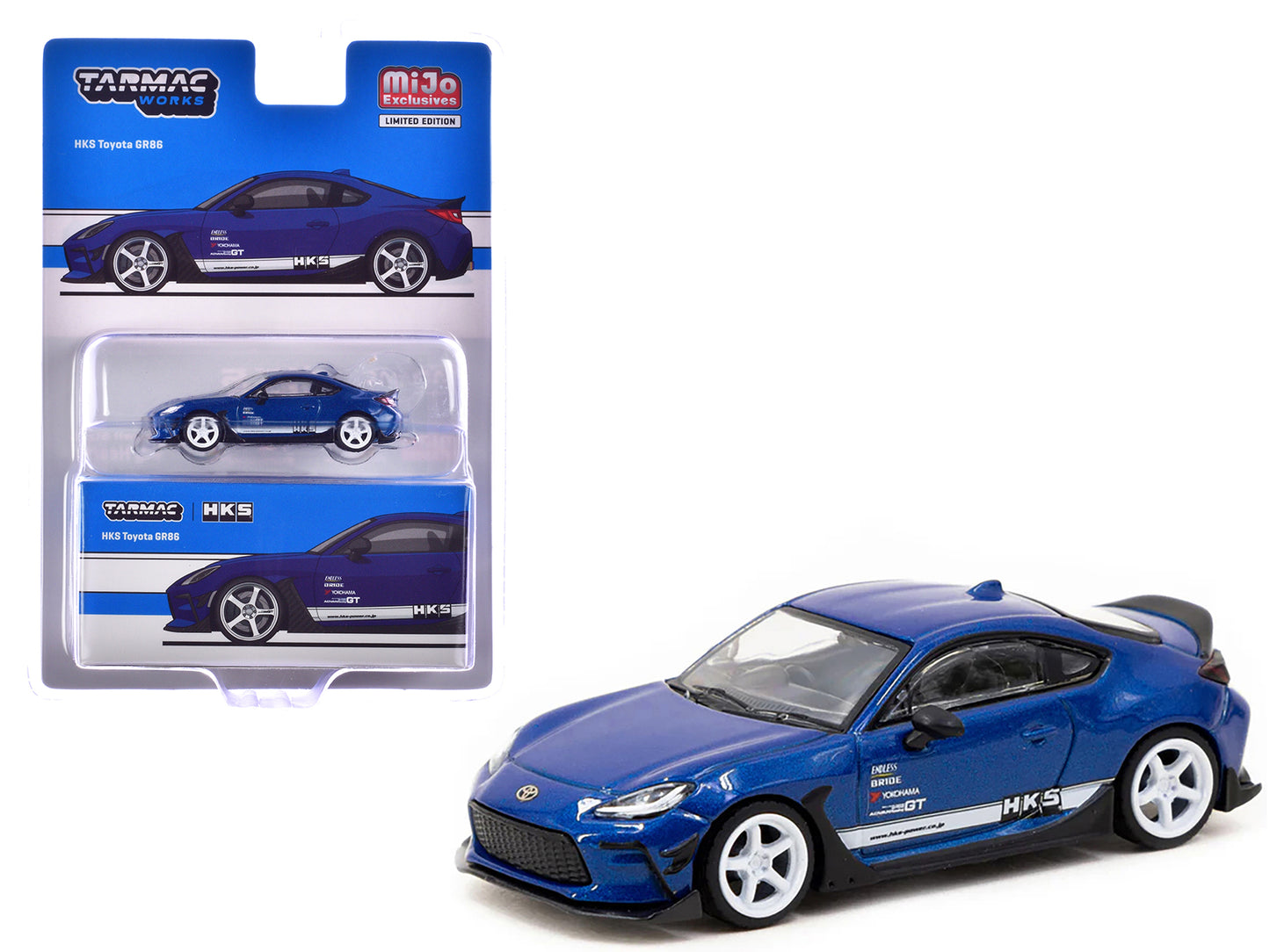 Toyota GR86 RHD (Right Hand Drive) "HKS" Blue Metallic with White Stripes "Global64" Series 1/64 Diecast Model by Tarmac Works