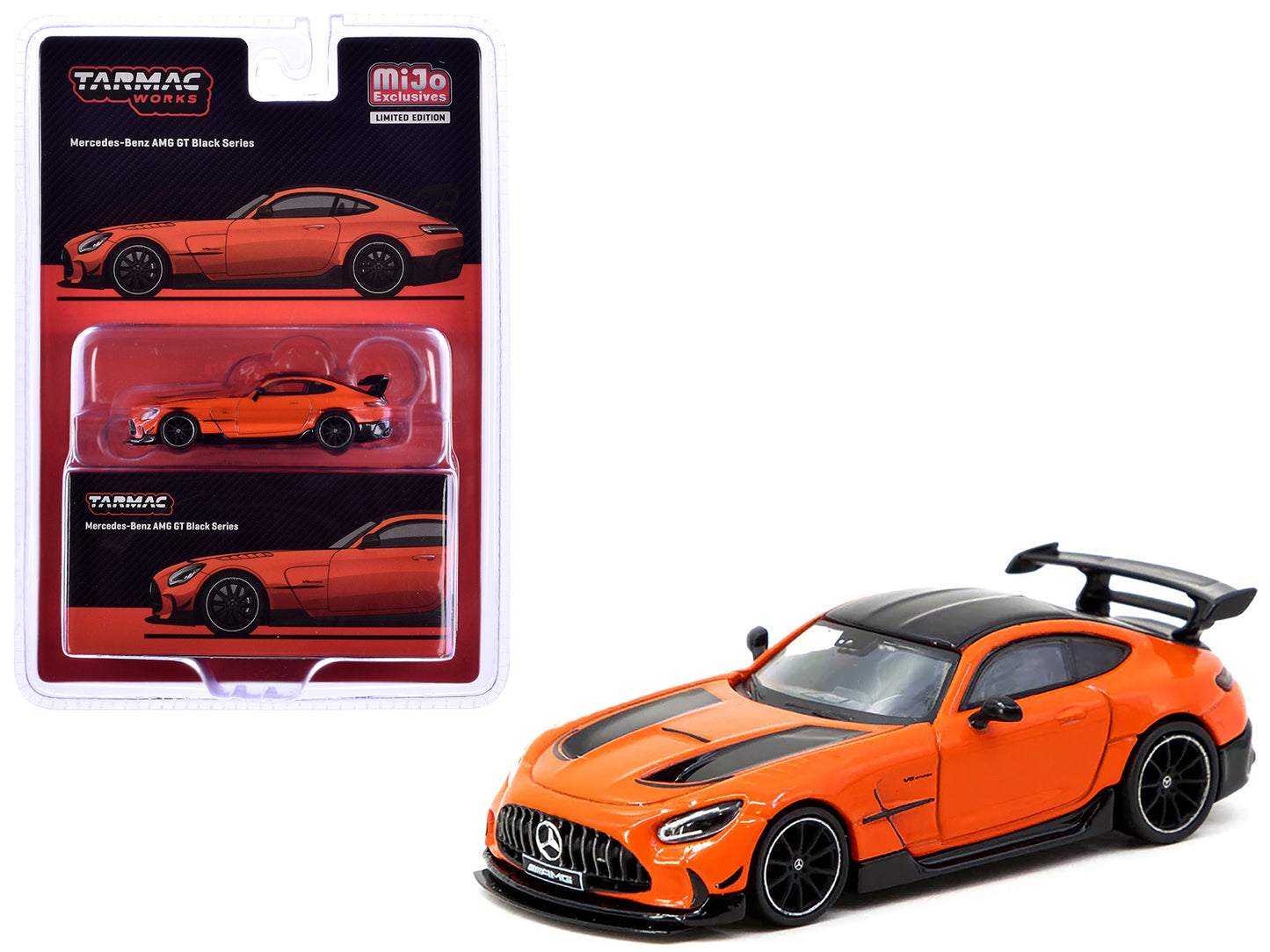 Mercedes-Benz AMG GT Black Series Orange with Black Hood Stripes and Top "Global64" Series 1/64 Diecast Model by Tarmac Works