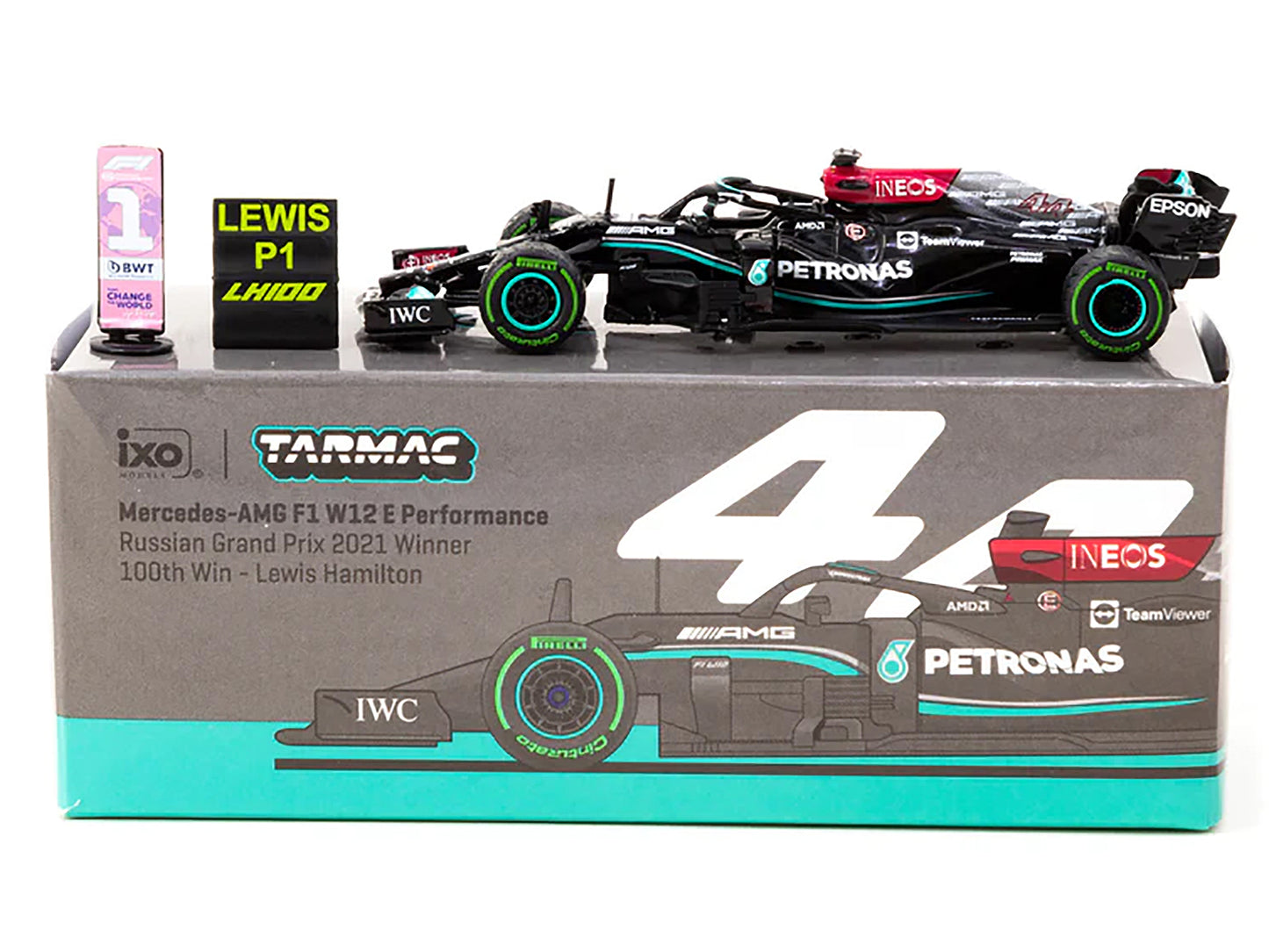 Mercedes-AMG F1 W12 E Performance #44 Lewis Hamilton Winner "Formula One F1 Russian GP" (2021) "100th Win" with Number Board "Global64" Series 1/64 Diecast Model Car by Tarmac Works