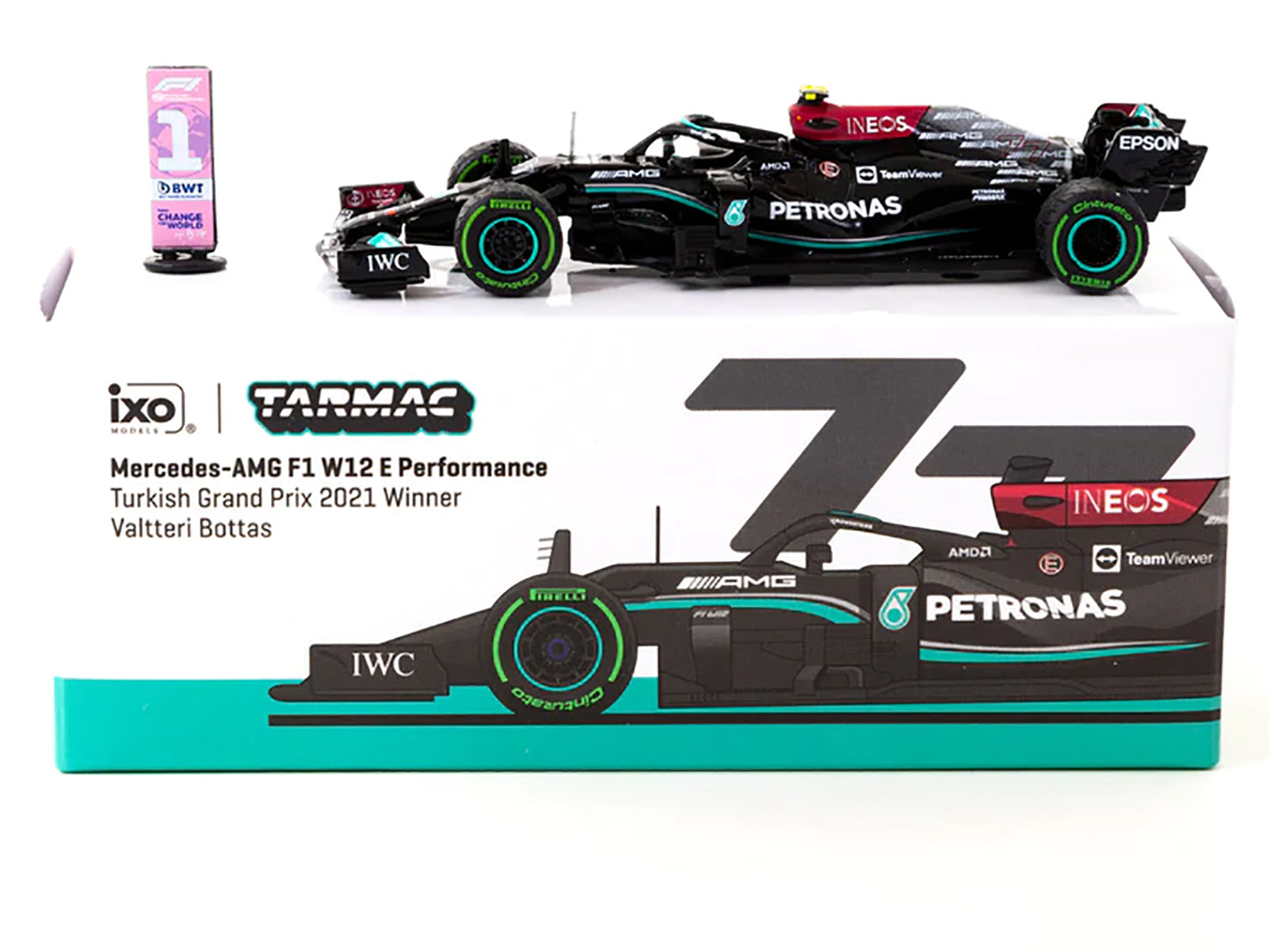 Mercedes-AMG F1 W12 E Performance #77 Valtteri Bottas Winner Formula One F1 Turkish GP (2021) with Number Board "Global64" Series 1/64 Diecast Model Car by Tarmac Works