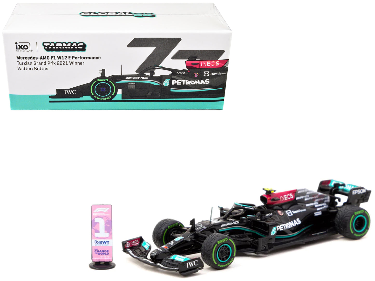 Mercedes-AMG F1 W12 E Performance #77 Valtteri Bottas Winner Formula One F1 Turkish GP (2021) with Number Board "Global64" Series 1/64 Diecast Model Car by Tarmac Works