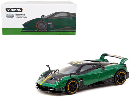 Pagani Huayra BC Trifoglio Verde Green Metallic and Black with Yellow Stripes "Global64" Series 1/64 Diecast Model by Tarmac Works