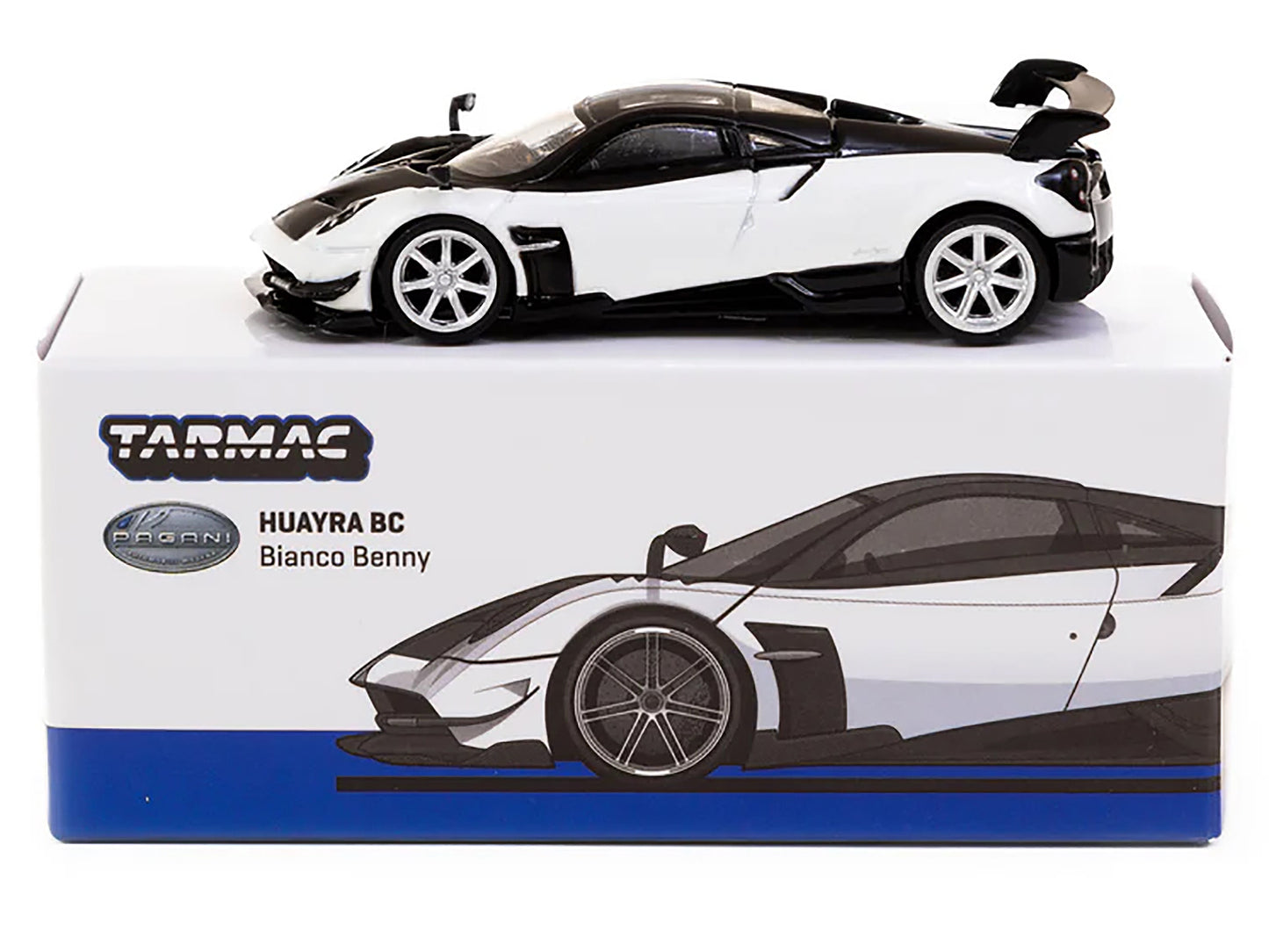 Pagani Huayra BC Bianco Benny White and Black with Blue Stripes "Global64" Series 1/64 Diecast Model by Tarmac Works