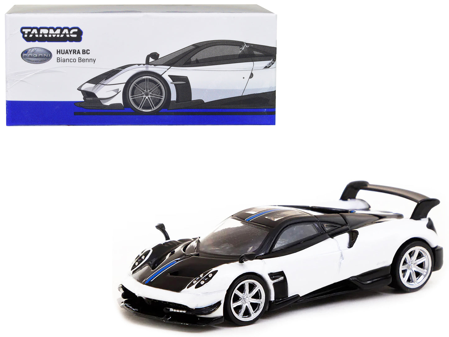 Pagani Huayra BC Bianco Benny White and Black with Blue Stripes "Global64" Series 1/64 Diecast Model by Tarmac Works