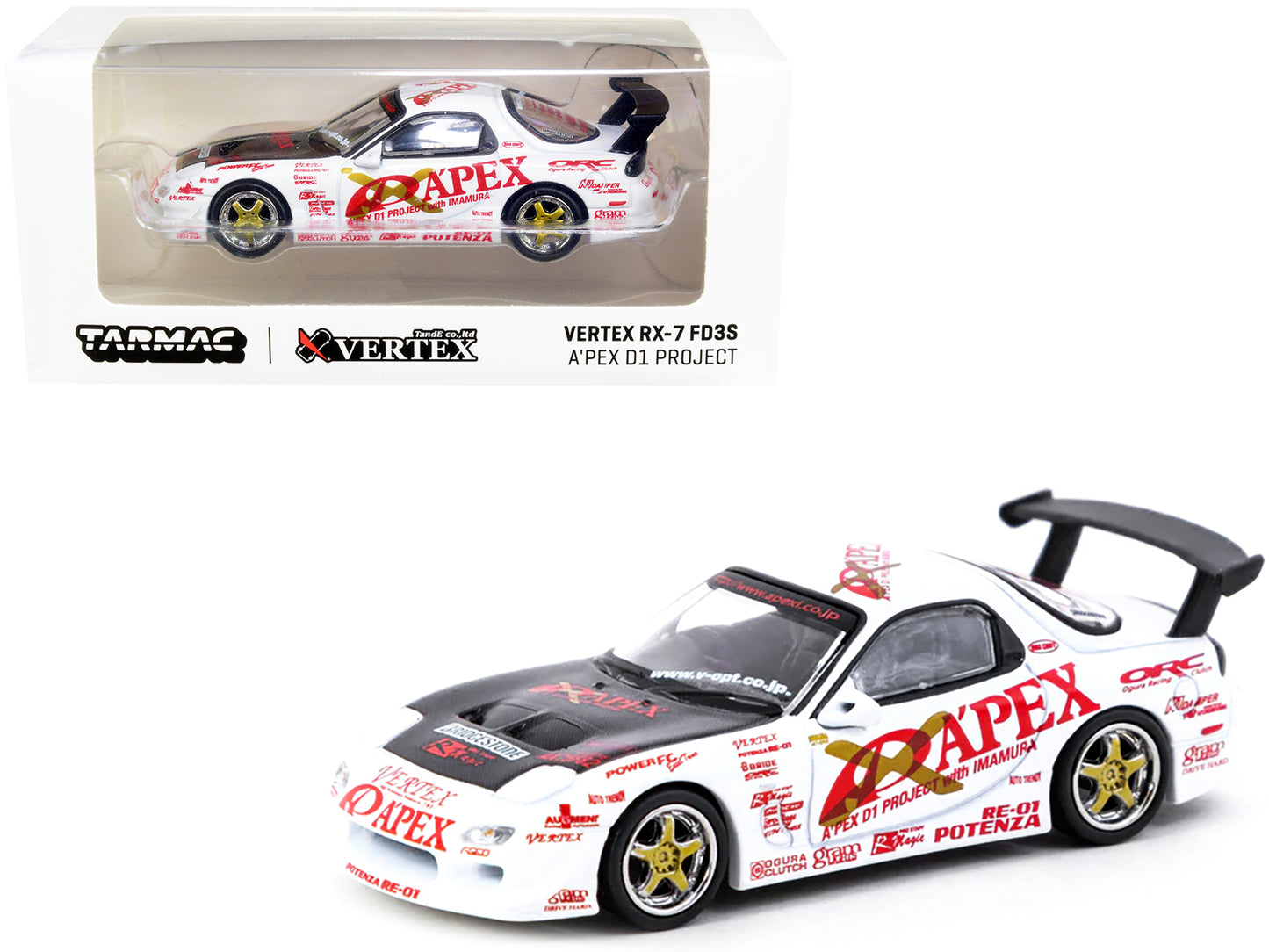 Vertex RX-7 FD3S White with Graphics RHD (Right Hand Drive) "A'Pex D1 Project" "Global64" Series 1/64 Diecast Model Car by Tarmac Works