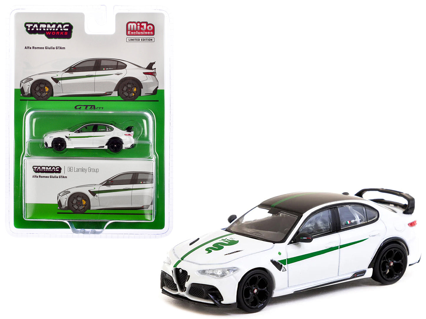 Alfa Romeo Giulia GTAm White with Green Stripes and Black Top "Global64" Series 1/64 Diecast Model by Tarmac Works