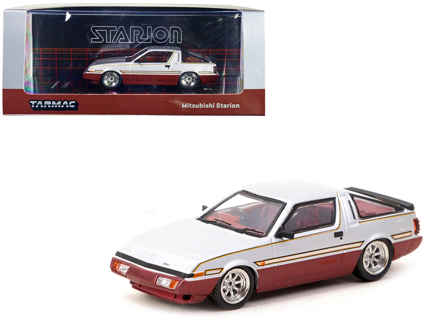 Mitsubishi Starion RHD (Right Hand Drive) Silver Metallic and Dark Red with Red Interior with Extra Wheels "Road64" Series 1/64 Diecast Model Car by Tarmac Works