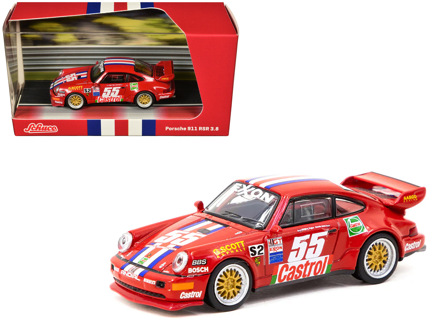 Porsche 911 RSR 3.8 #55 Red with Stripes and Graphics "Collab64" Series 1/64 Diecast Model Car by Schuco & Tarmac Works